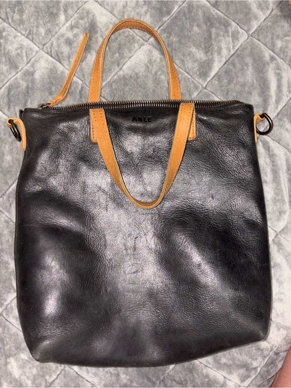 ABLE Black Leather Tote with Tan Straps